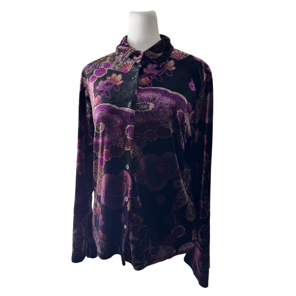 Vintage Y2K New York City Design Co. Black & Purple Velvet Button Front Blouse - Picture 2 of 6
